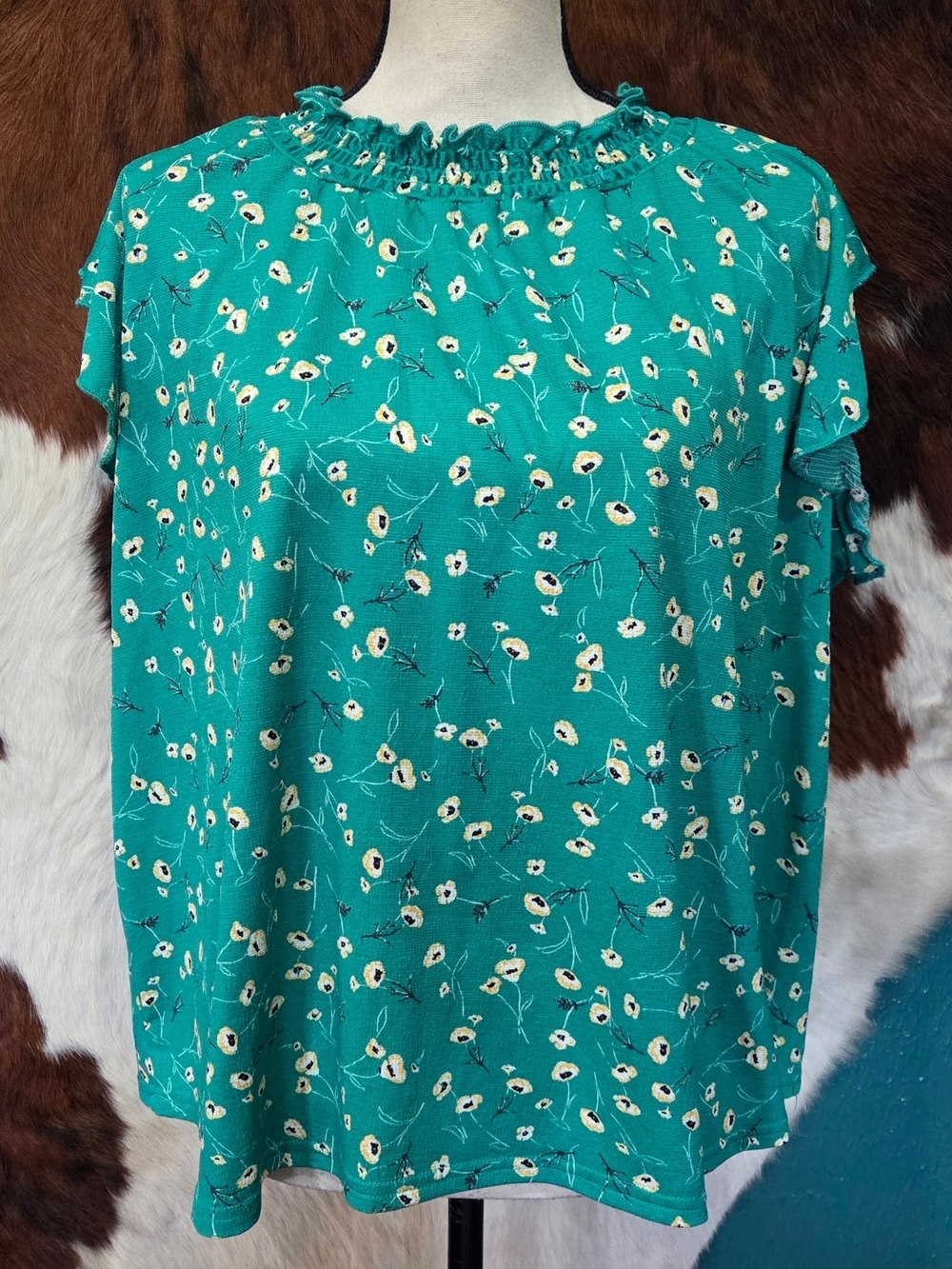 MELLODAY Green Floral Ruffle-Neck Short Sleeve Blouse